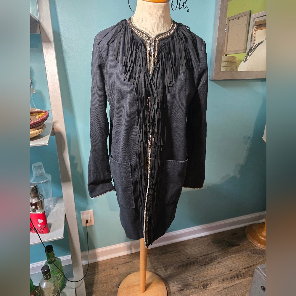 Ultra Chic Blonde No.8 Black Fringe Mid-length Coat